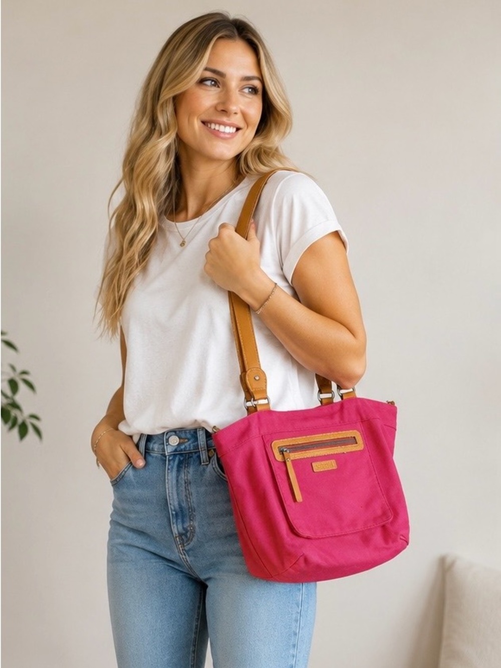 Rosetti  women’s classic Pink Shoulder Tote with Tan Straps